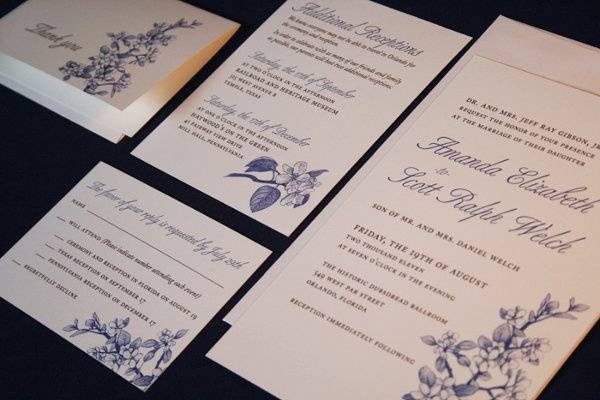 Traditional Invitation with hand drawn apple blossom flower