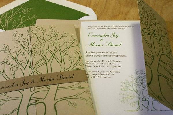 Eco invitation with hand drawn green love trees printed on recycled paper