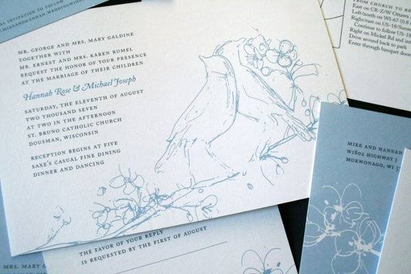 Elegant invitation blue bird and apple blossoms