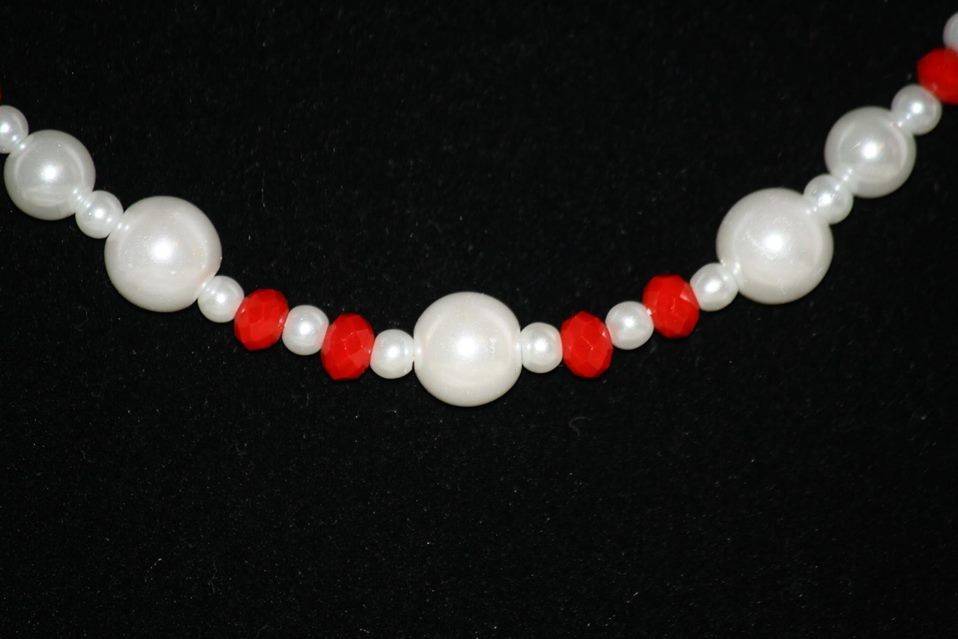 Custom design white glass pearls and red glass crystal necklace, earrings and bracelet for the Bride or bridal party in any style and length. All Renee needs is YOUR wedding colors