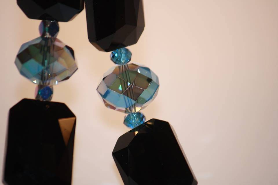 Custom design with unique combination of chunky black faceted glass rectangles and Auora Borealis faceted  round faceted glass crystals, necklace, earrings and bracelet for the Bride or bridal party in any style and lengthat affordable prices . All Renee needs is YOUR wedding colors
