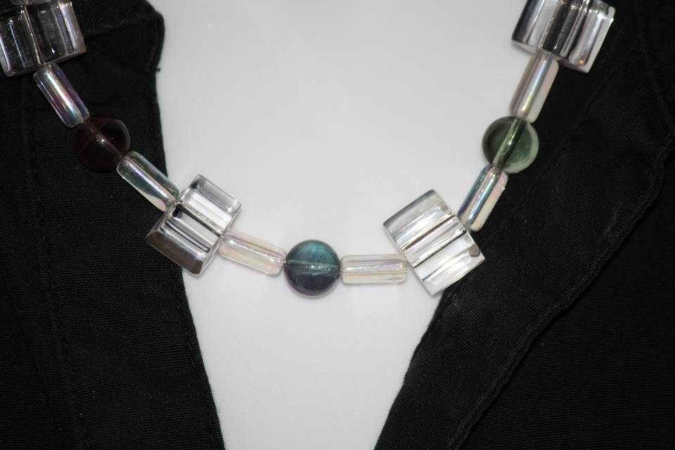 Custom design with unique combination of varying sizes of  glass crystal cubes and tubes with natural Rainbow Fluorite, necklace, earrings and bracelet for the Bride or bridal party in any style and length, at affordable prices. All Renee needs is YOUR wedding colors