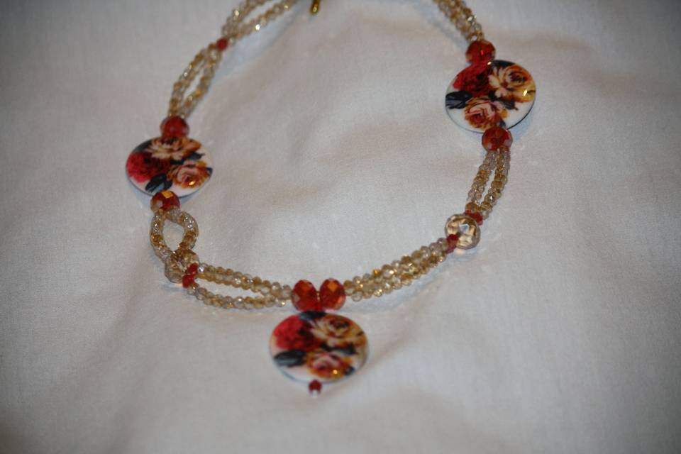 Custom design with unique combination of Painted Mother of Pearl coin bead with varying sizes of round faceted amber and red glass crystal beaded necklace, earrings and bracelet for the Bride or bridal party in any style and length, at affordable prices. All Renee needs is YOUR wedding colors.
