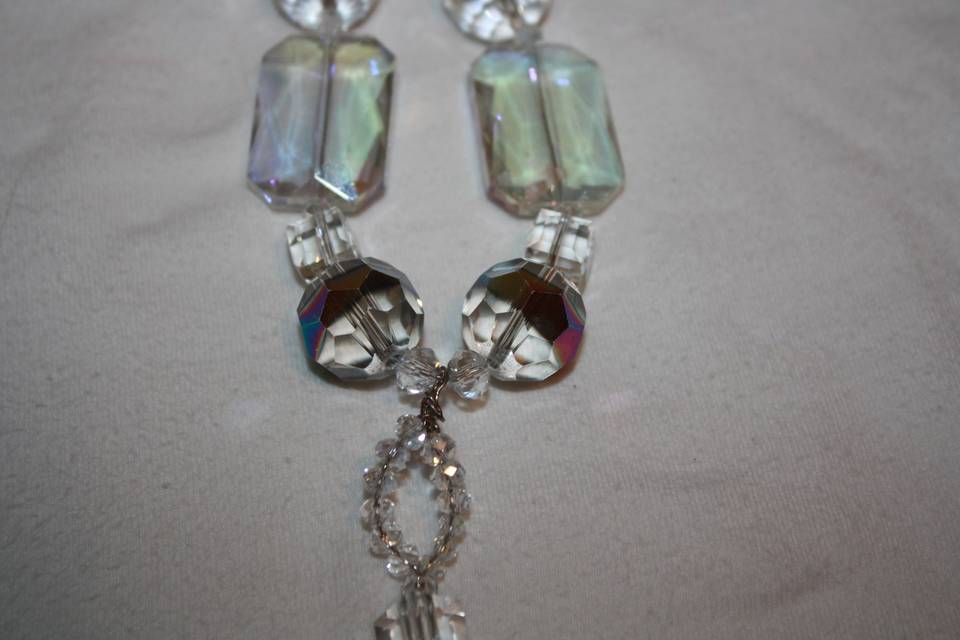 Custom design with unique combination of varying sizes of chunky round faceted and rectangular clear and Aurora Borealis glass crystals with drop in a beautiful beaded necklace, earrings and bracelet for the Bride or bridal party in any style and length,at affordable prices. All Renee needs is YOUR wedding colors.