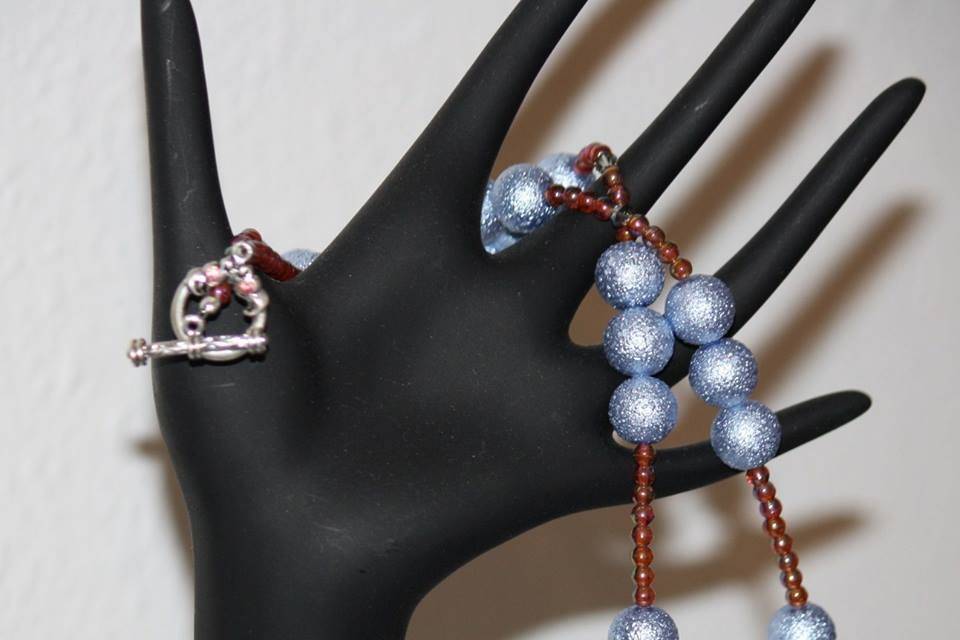 Blue Harbor Lights, Custom design textured blue beads with Aurora Borealis maroon Swarovski crystal necklace, earrings and bracelet for the Bride or bridal party in any style and length, at affordable prices. All Renee needs is YOUR wedding colors.