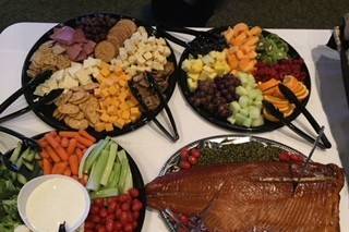 Cheese and Cracker Tray, Fruit Tray, Vegetable Tray and Smoked Salmon.