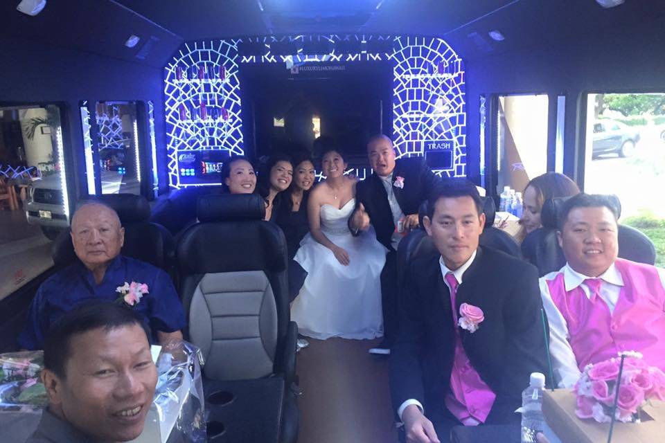 Matching lightshow to go with the groom's vest!  Let Luxury Limo Hawaii drive you in comfort and style!