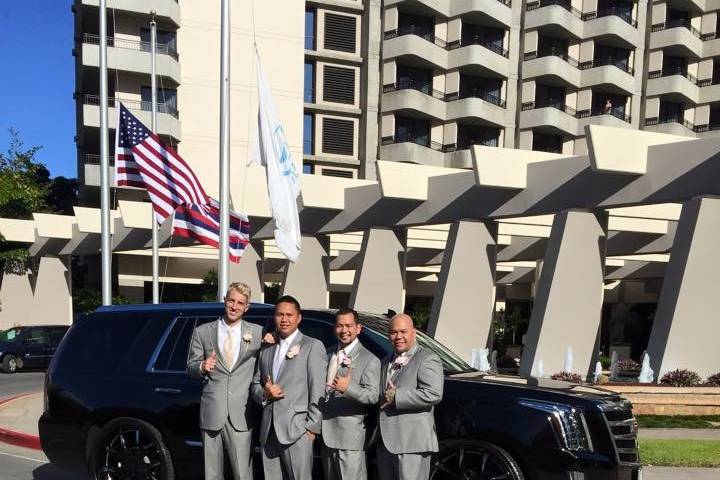 Groomsmen at Hale Koa Hotel in Honolulu, ready for the big day!  Black car service with Luxury Limo Hawaii