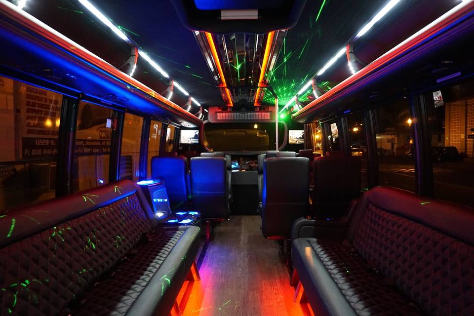 View from the back of the brand new 2015 25-passenger limobus taken in May 2015.  Luxury Limo Hawaii is guaranteed to impress you and all of your guests!