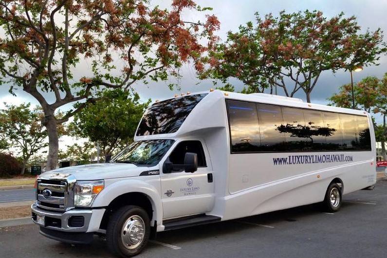 Luxury Limo Hawaii's brand new 2015 25-passenger limobus.  Photo taken October 2015.  Impress your fiance and guests when you roll up in one of these!