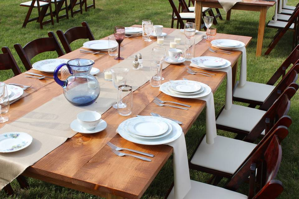 Farm table with mismatch china