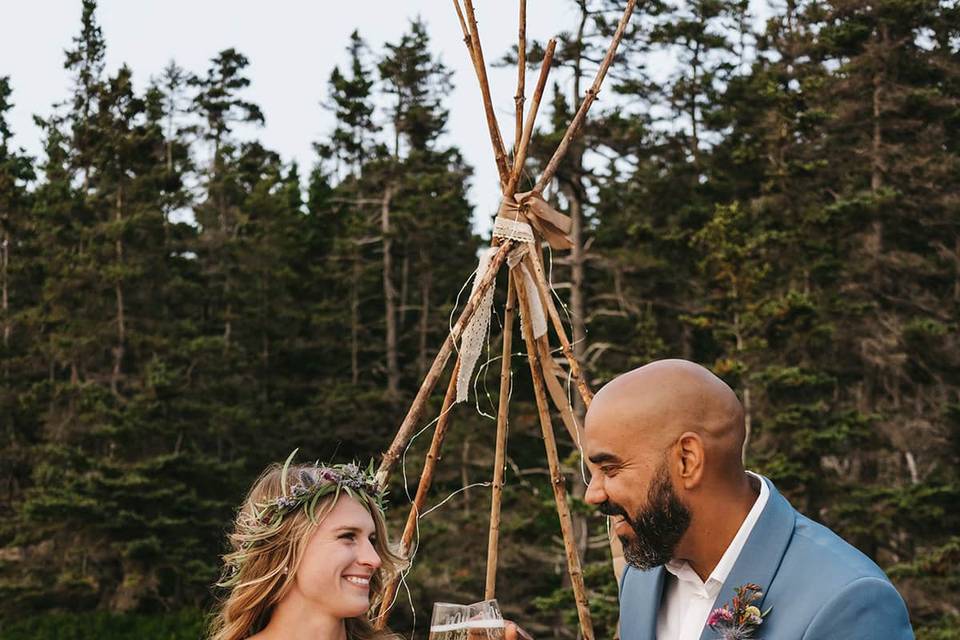Bride and groom in mountains