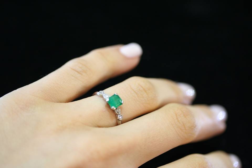 emerald engagement ring custom designed and handmade by Secrète Fine Jewelry in Bethesda, MD and Washington, DC