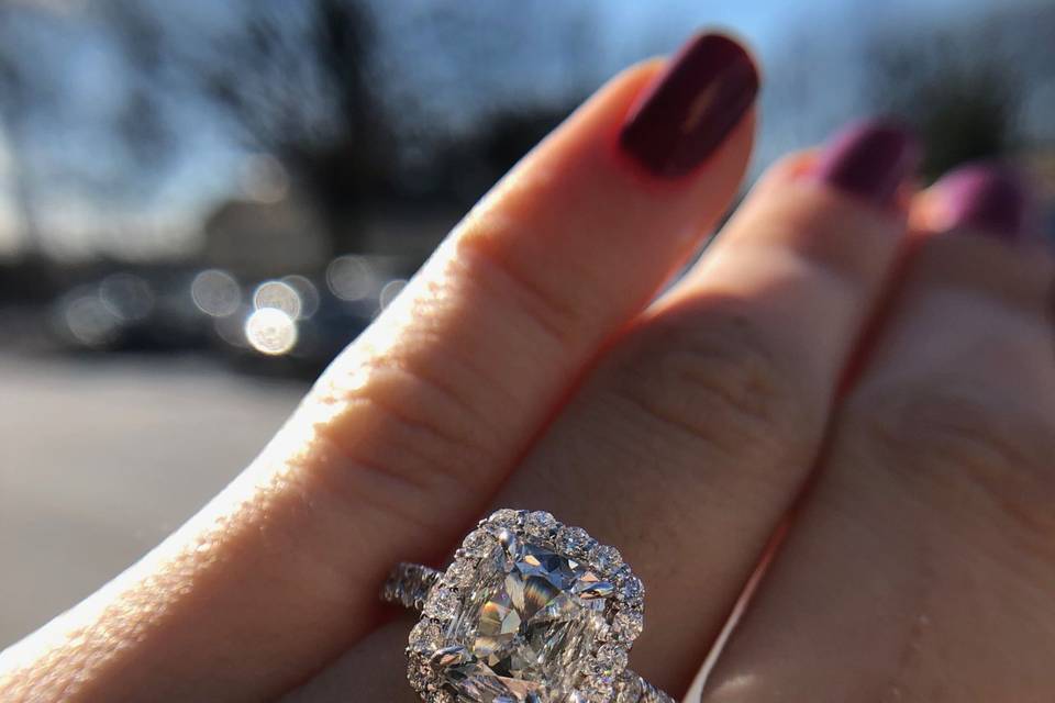 Old mine cut diamond ring with halo by Secrète Fine Jewelry in Bethesda, MD and Washington, DC