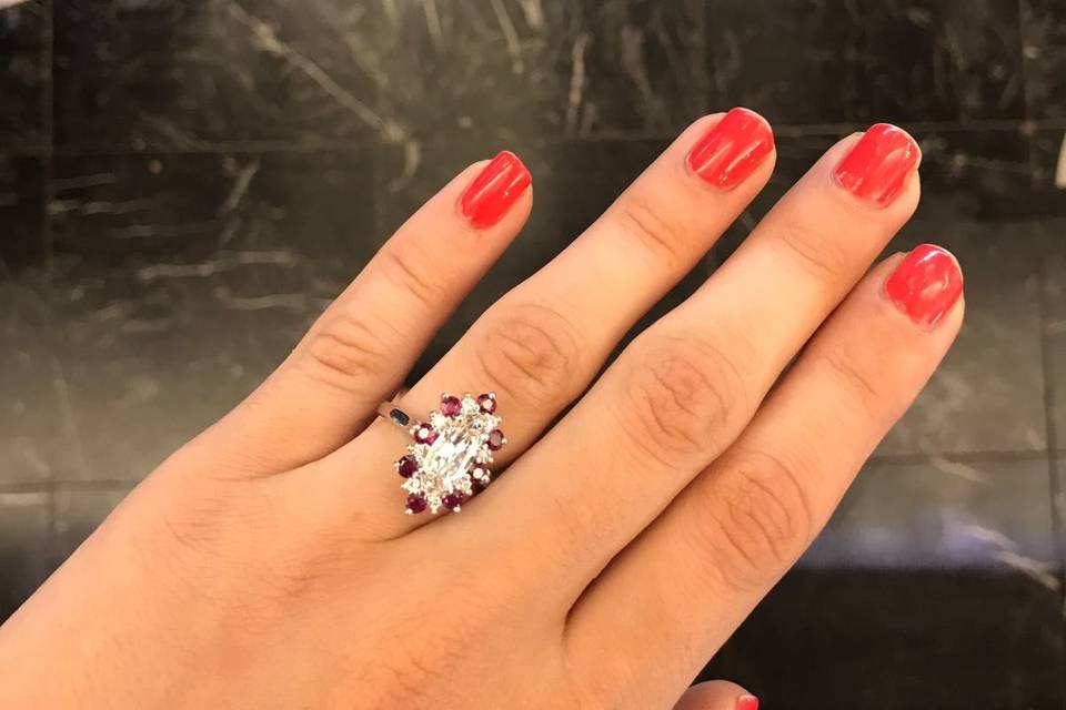 Diamond and ruby engagement ring by  Secrète Fine Jewelry in Bethesda, MD and Washington, DC