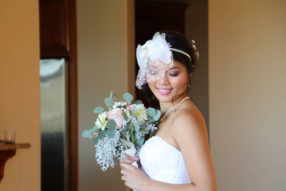 Posing with bouquet