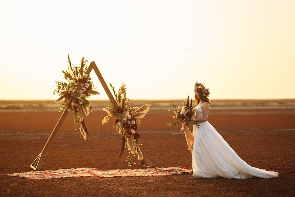 Bohemian bride sunset wedding