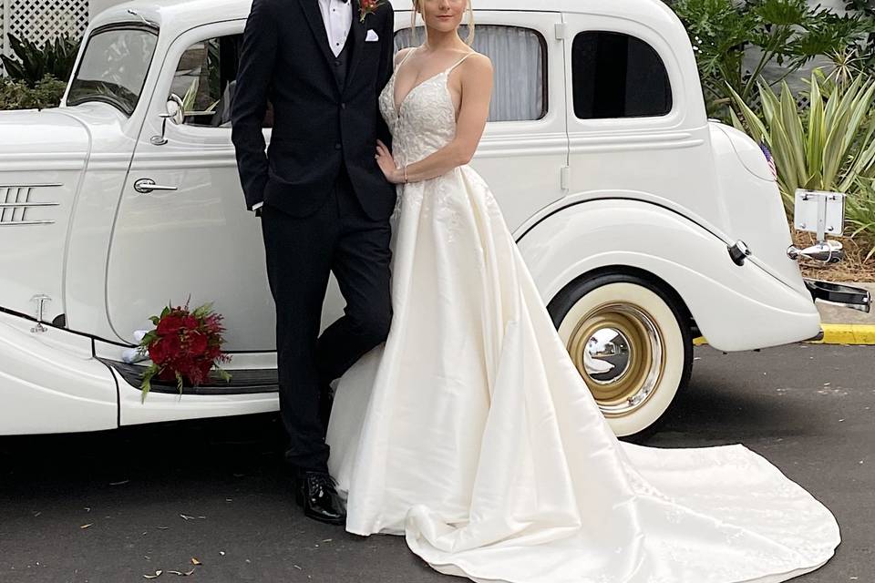 Newlyweds with Vintage Ride