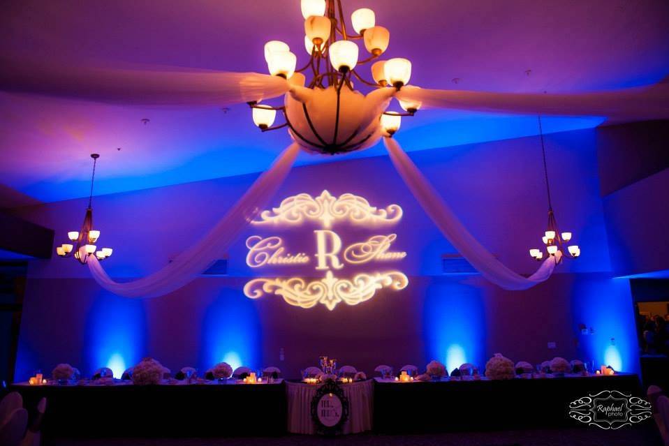 We provided uplighting and a gobo to accentuate the ballroom for the main reception for the Rutherford wedding.