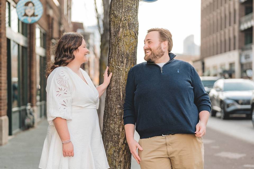 Bride and groom on street