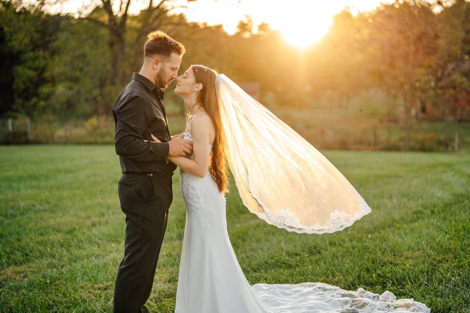 Bride and groom at sunset