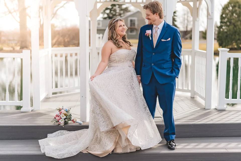 Bride and groom laughing