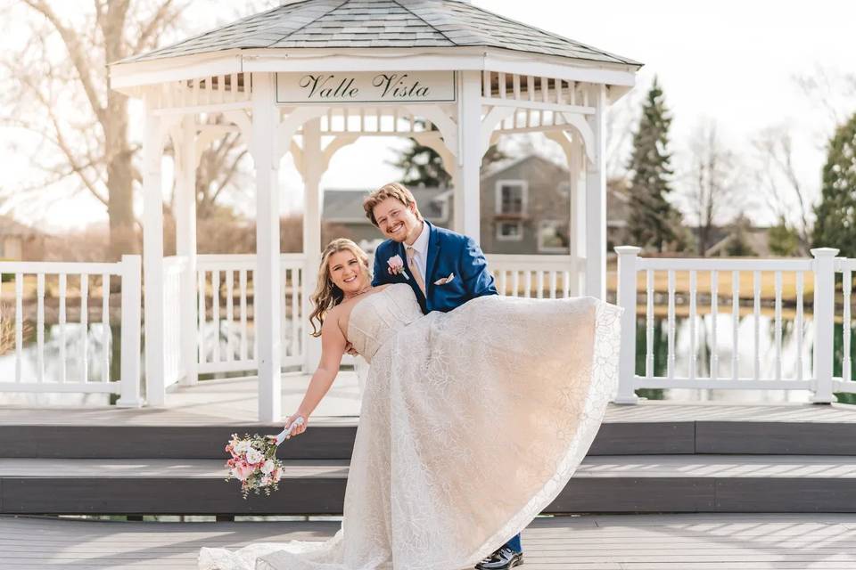 Bride and groom at sunset