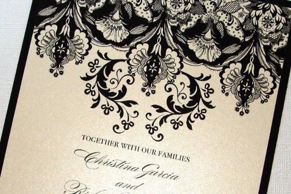 damask, floral, ivory and black invitation