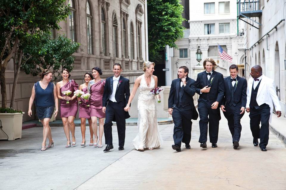 Wedding party walking down the street - Peardon Carrillo Photography