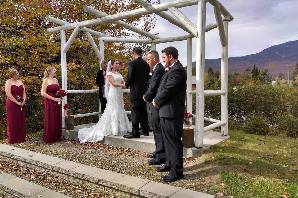 Ceremony held at the arbour at waterville valley nh. Music provided by music road dj service for the ceremony.