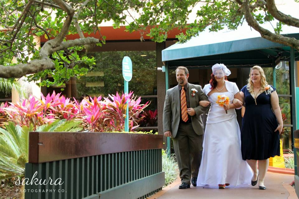 Dad and friend bringing bride