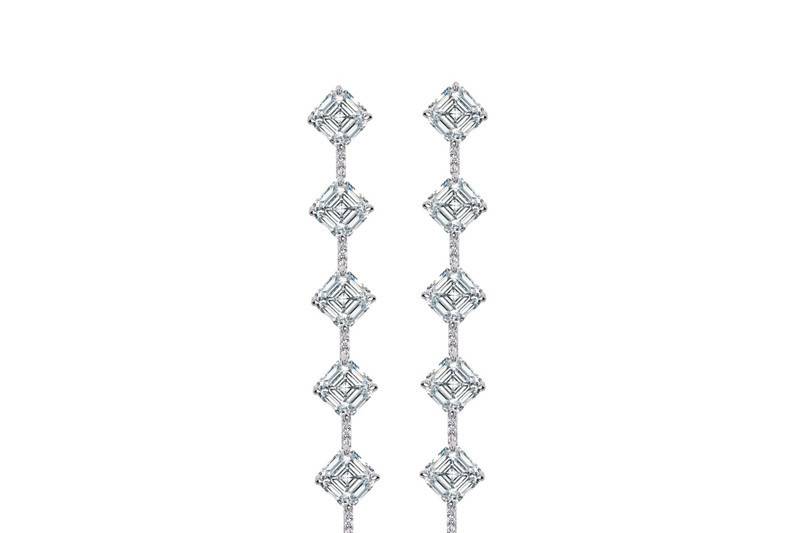 Asscher cut diamond earrings by designer, Daniel K