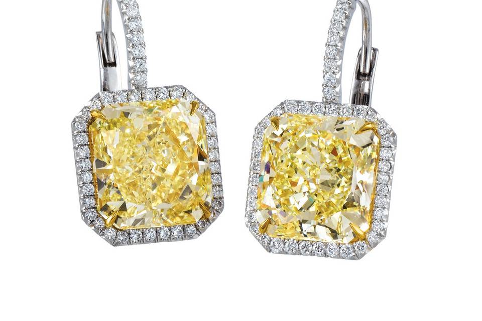 Yellow Asscher cut diamond earrings by designer, Daniel K