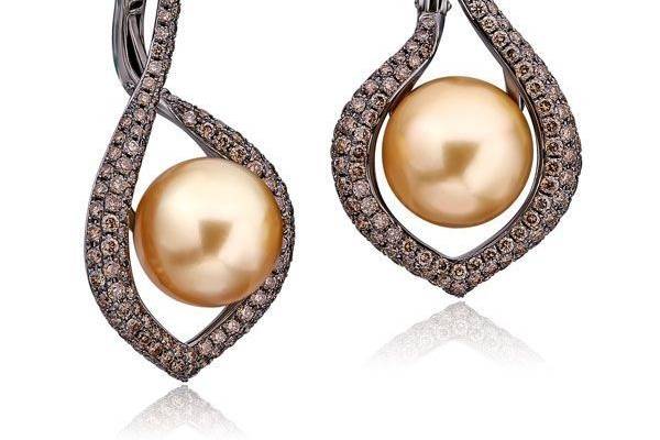 Golden South Sea pearl and diamond earrings by designer, Eli