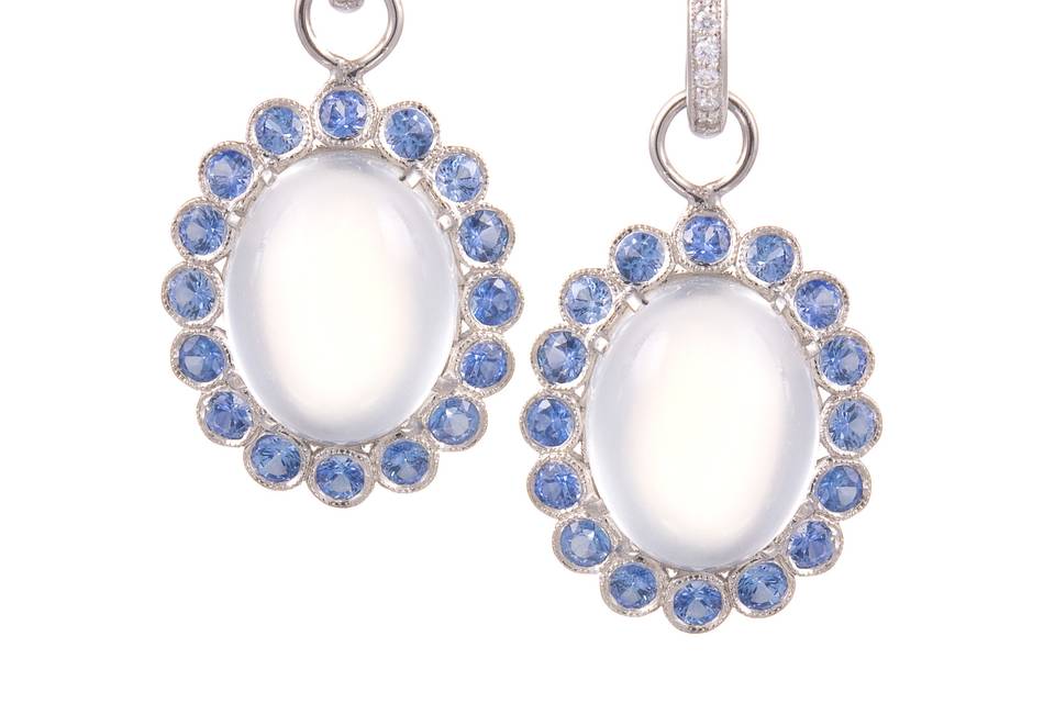 Moonstone and sapphire earrings by designer, Erica Courtney