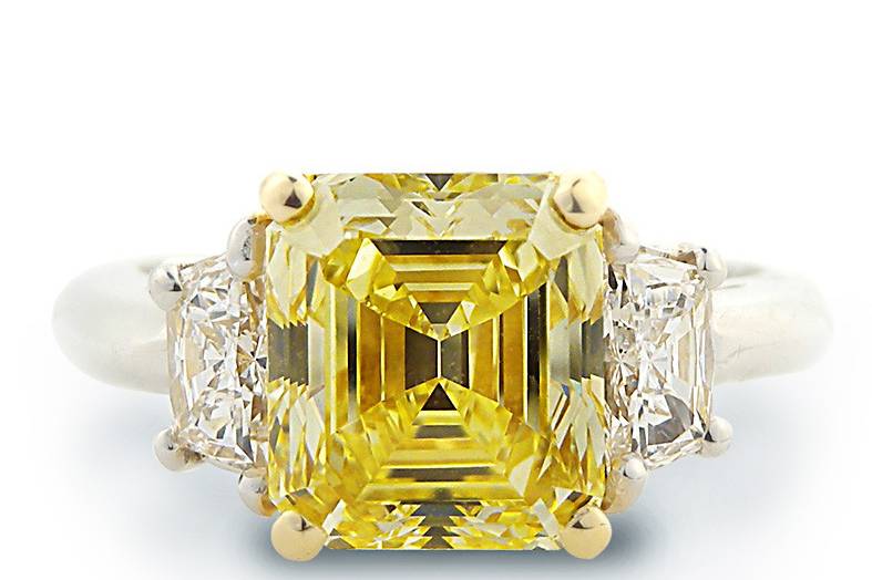 Louis Glick emerald cut fancy yellow diamond engagement ring