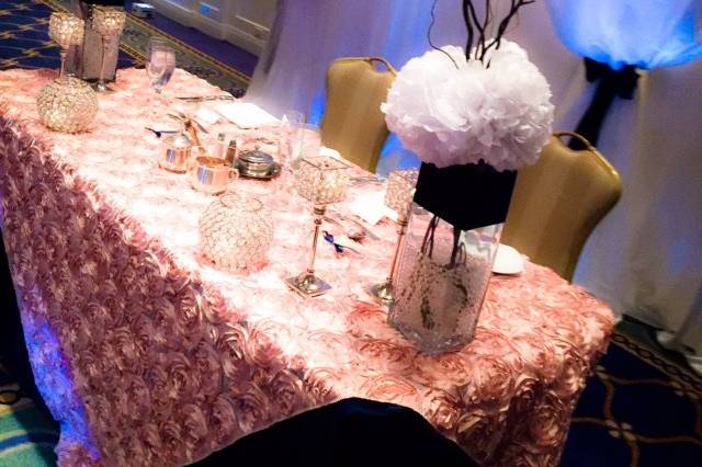 Ihilani wedding. Cake table and sweetheart table design. Table decor, custom backdrop, and uplighting. Hawaii wedding planner, destination wedding planner. Navy and blush color scheme.