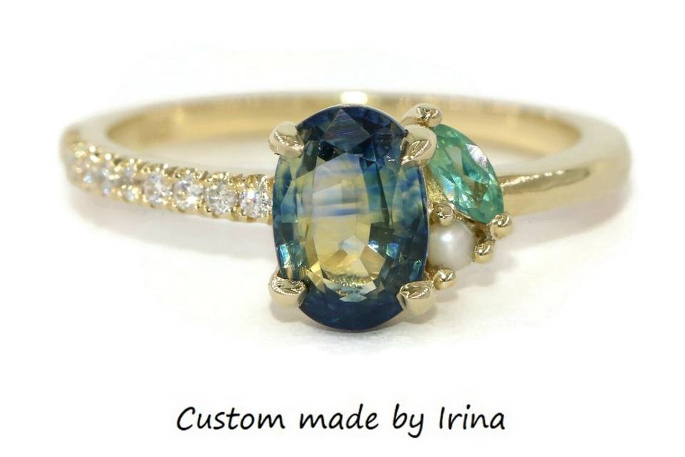 Blue Green Sapphire Pearl Ring