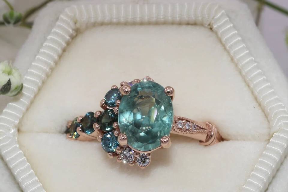 Teal Cluster Engagement Ring