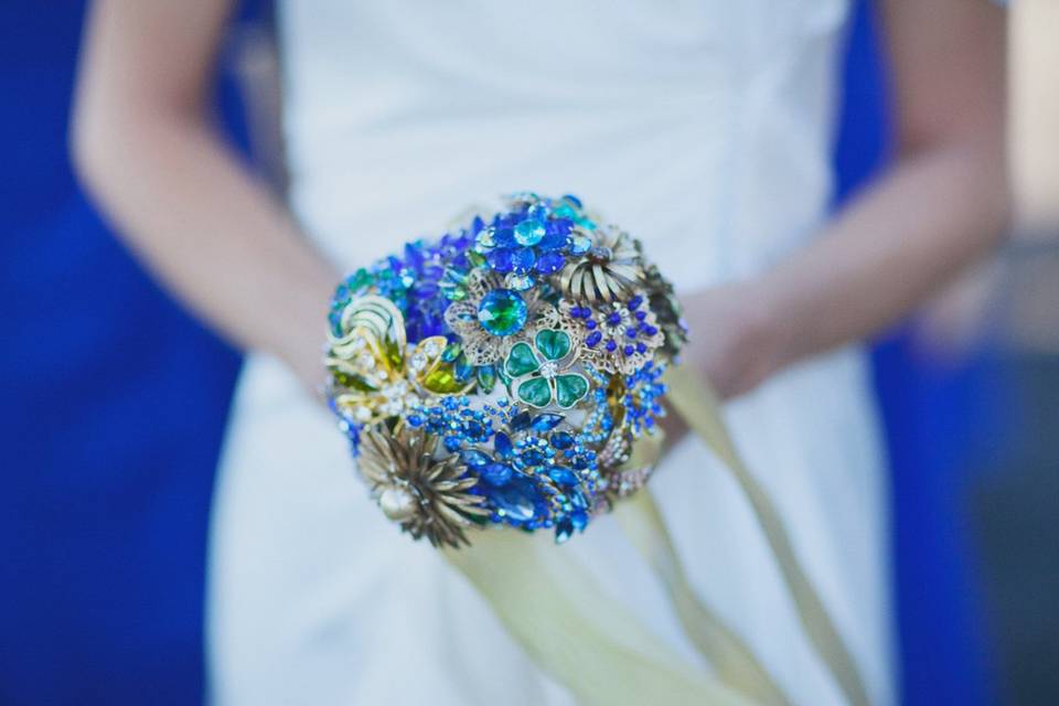 A beautiful bouquet consisting of individual crystal brooches, handmade by the mother of the bride