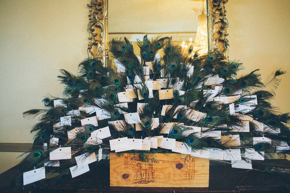 A dramatic escort card display of peacock feathers - one for each guest