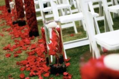 Luscious red petals give this ceremony aisle a rich feel. More petals fill the clear glass cylinders along the aisle. After the ceremony, the cylinders were moved inside to the reception tables - this helped the couple maximize their budget.