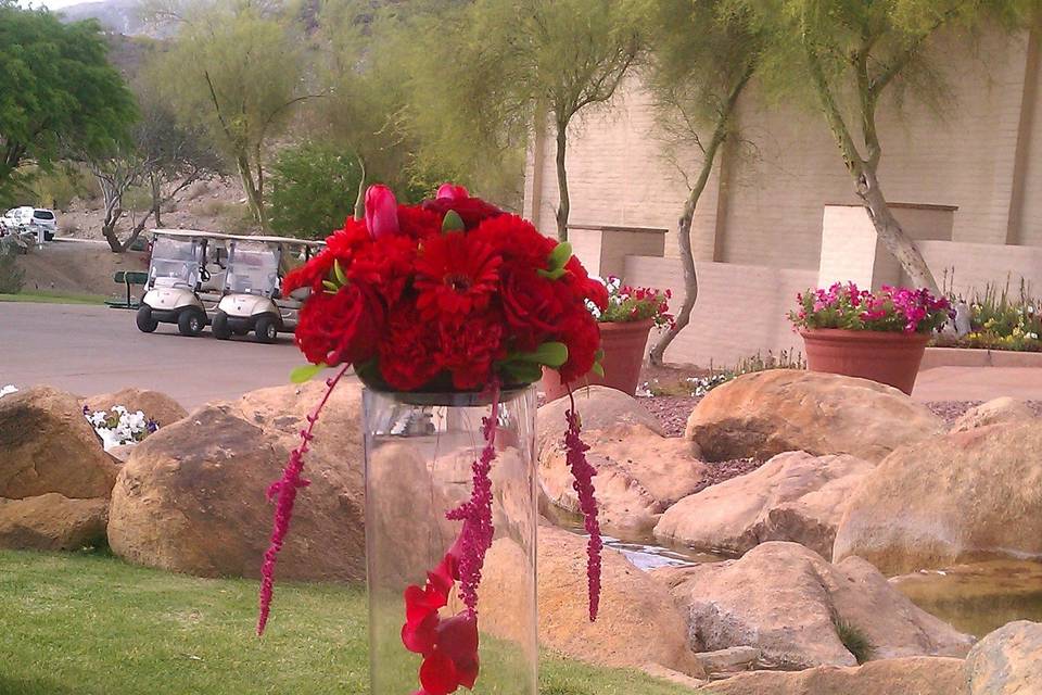 Luscious red petals give this ceremony aisle a rich feel. More petals fill the clear glass cylinders along the aisle. After the ceremony, the cylinders were moved inside to the reception tables - this helped the couple maximize their budget.