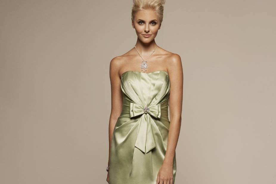 Liz Fields Bridesmaids Dress #357
Strapless, gathered gown with embellished bow at waist. Optional spaghetti straps included.
Matching shawl is included.