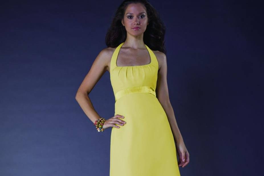 One shoulder bridesmaids dress with keyhole strap and gathered waistband.