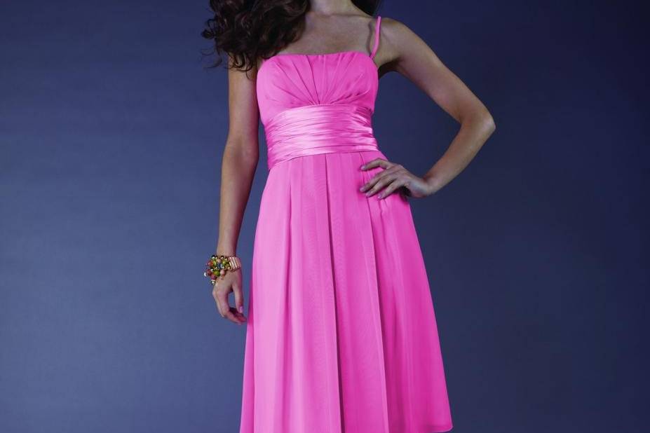 Square neckline spaghetti strap bridesmaids dress with pleated waistband. 2 tone available.