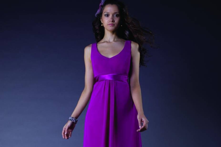 Square neckline spaghetti strap bridesmaids dress with pleated waistband. 2 tone available.