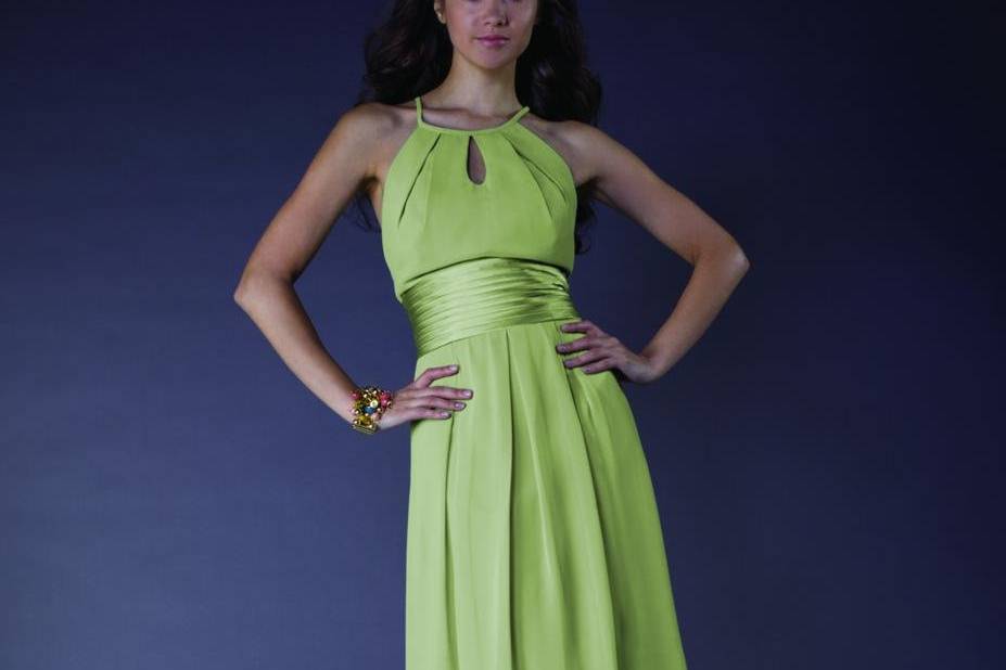 High neck halter bridesmaids dress with keyhole and pleated band. 2 tone available.