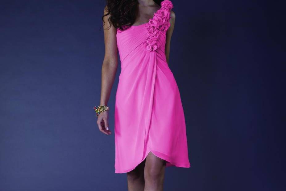 One shoulder wrap bridesmaid dress with high-low skirt and rosette strap.