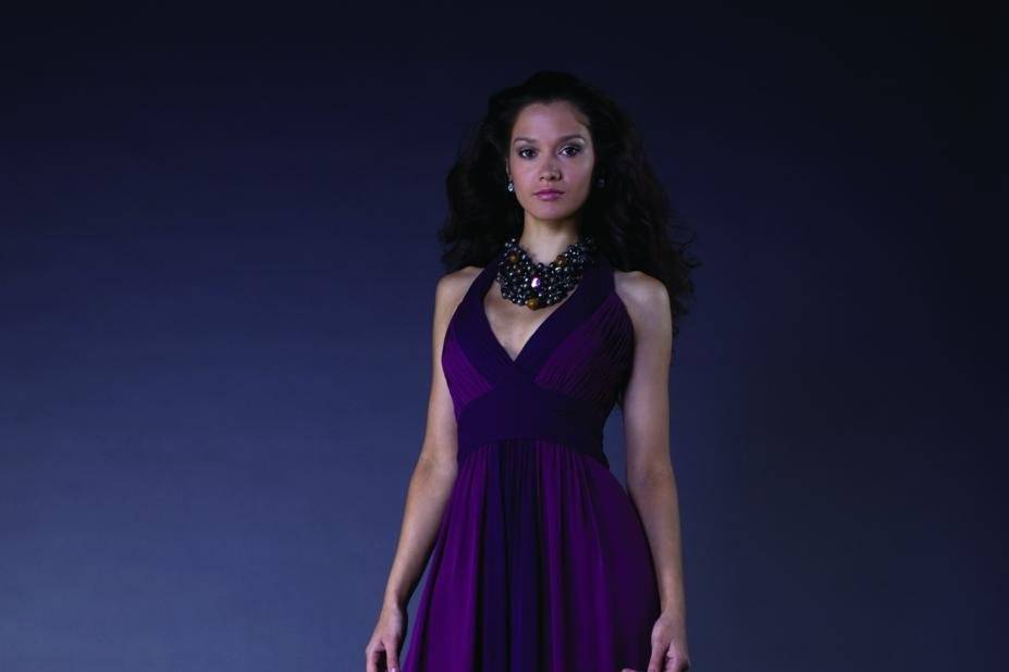 Tightly shirred bridesmaid dress with V-neck halter and color blocking detail. 2 tone available.